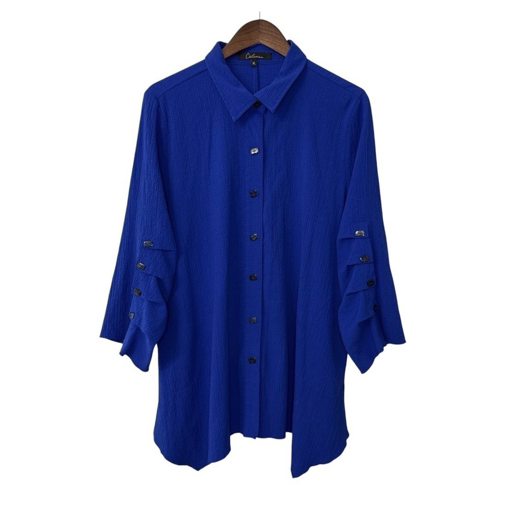 Calessa blouse women's XL blue crepe ruffle asymmetrical hem lagenlook art boho